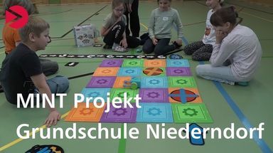 Schüler sitzen um ein Projekt herum.